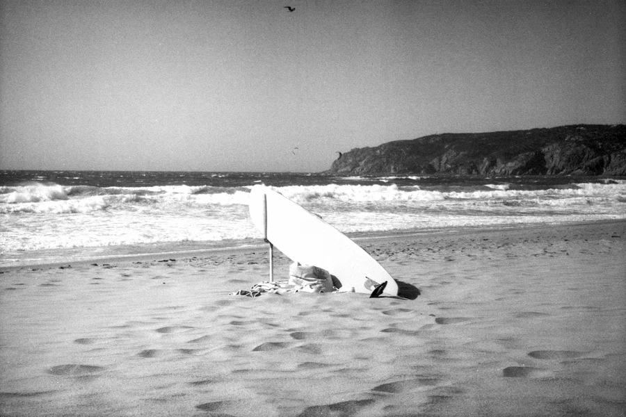 Une planche de surf sur une plage battue par le vent, près de Cascais