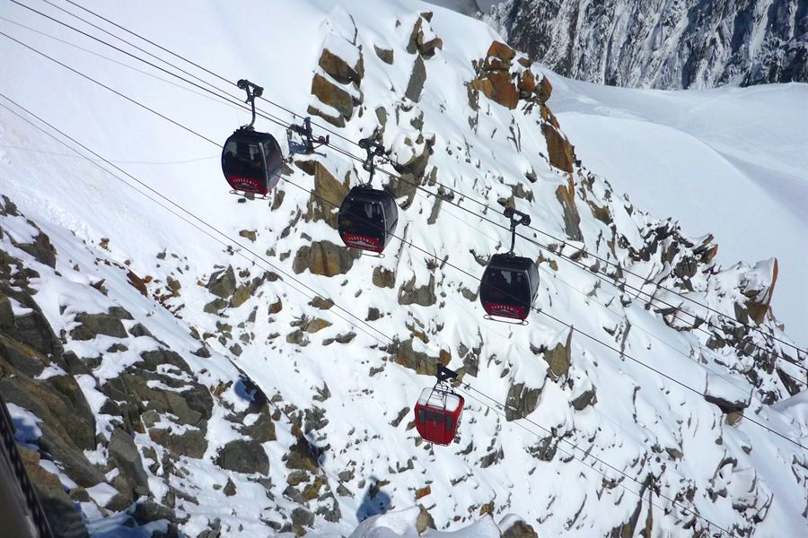 Les cabines du Panoramic Mont-Blanc au-dessus du glacier