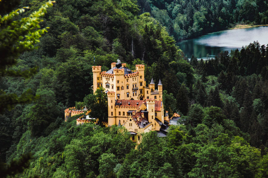 Le château jaune de Hohenschwangau dans la forêt