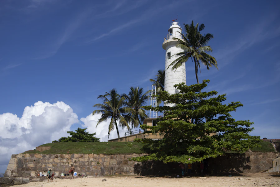 Le phare blanc du fort de Galle entre les palmiers