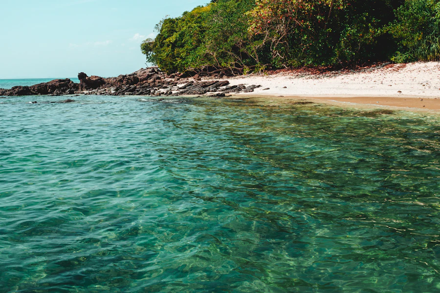 Une plage de sable et d'eau claire sur la côte ouest de Koh Lanta