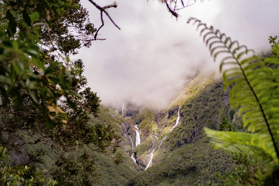 Une cascade dévalant les pentes verdoyantes du cirque de Salazie