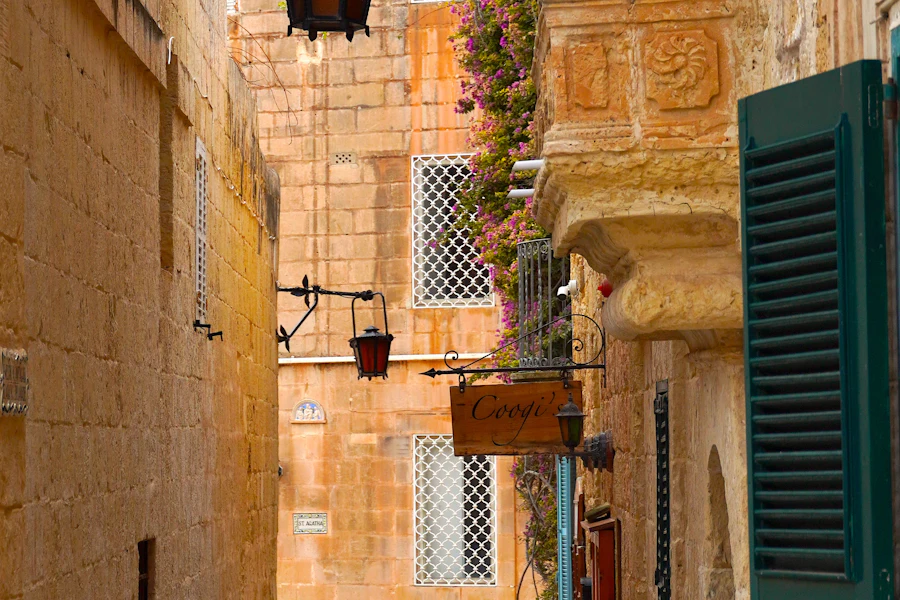 Une ruelle aux volets verts et aux fleurs, à Mdina