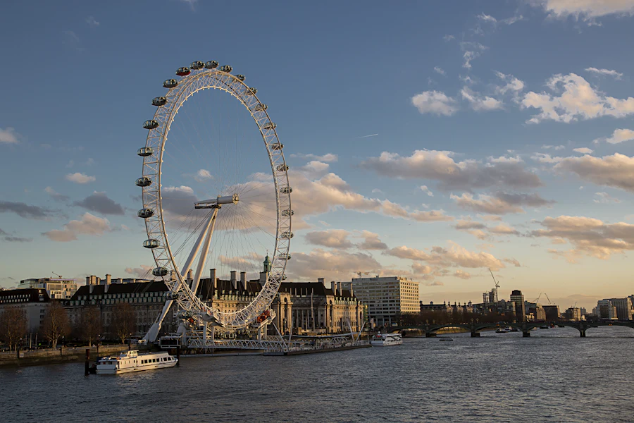 La grande roue du London Eye au bord de la Tamise, au coucher du soleil