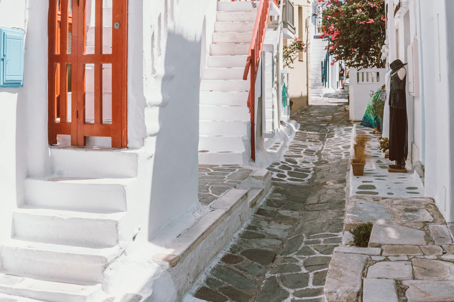 Une ruelle blanchie à la chaux et ses portes rouges, à Chora