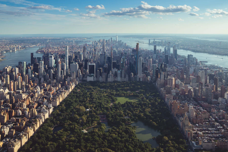 Central Park entouré des immeubles de Manhattan, vu du ciel