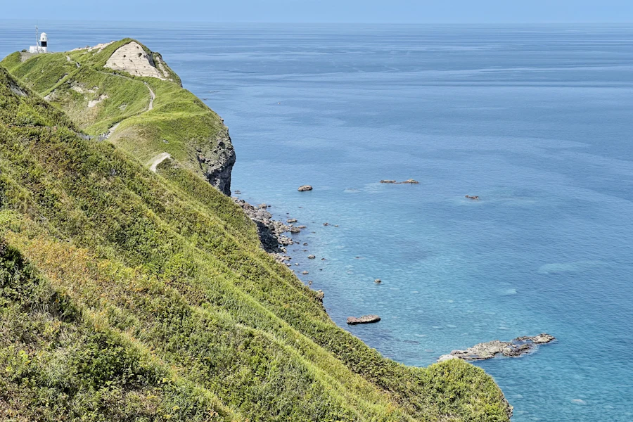 Les falaises vertes et la mer bleue du cap Shakotan