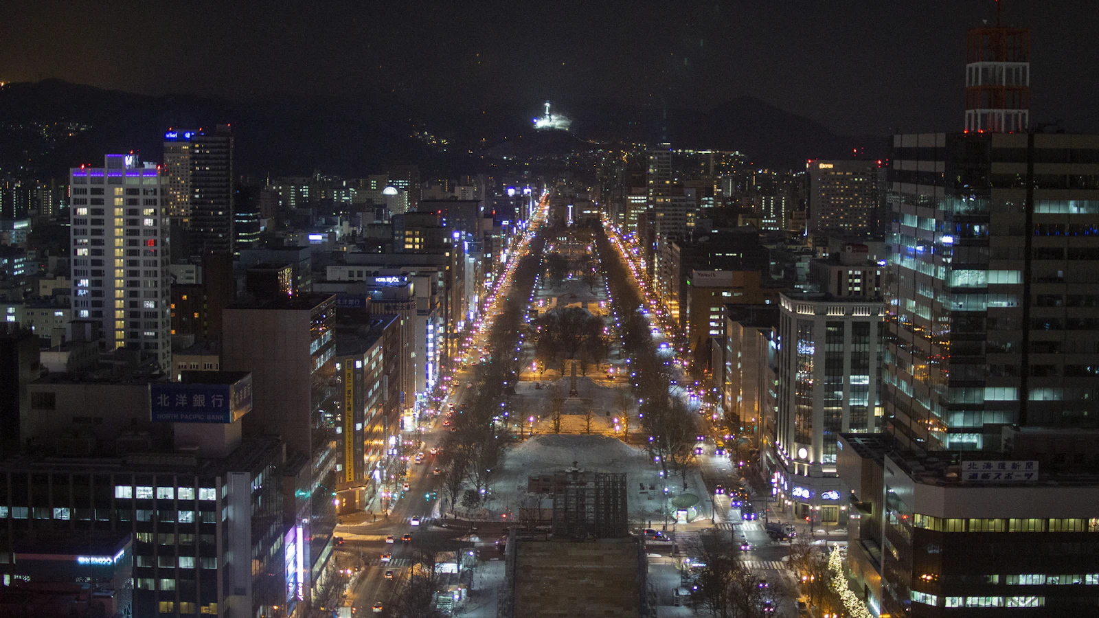 Sapporo de nuit et le parc Odori vus de la tour de télévision
