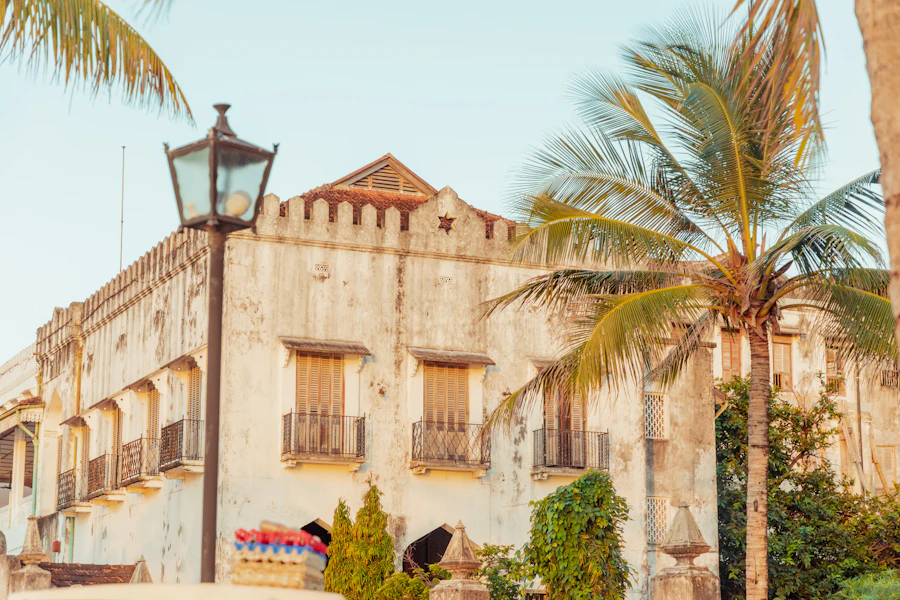 Un bâtiment colonial et des palmiers à Stone Town